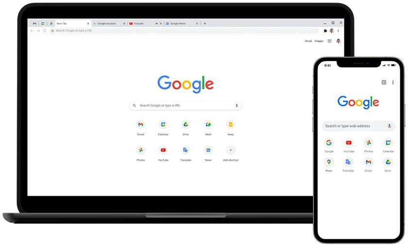 Laptop and mobile device, displaying the Google.com home page.